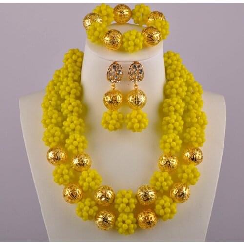 Opaque Yellow African Beads Jewelry Set Ball Beaded Nigerian Wedding Necklace