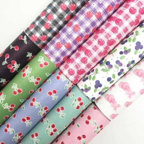 Onefly Wholesales Dropshipping Leather Supplier Cherry Printed Synthetic Faux Vinyl Leather Fabric Sheets For Bow DIY FZ088