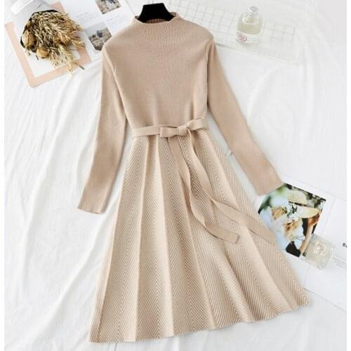 Autumn Women Knitted Dress Turtleneck Drawstring Sashes Swing Dresses Ladies Long Sleeve Stripes Knee-length A-line Slim Dress