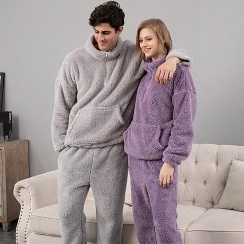 Fdfklak Half High Collar Zipper Design Couples Home Clothes Thicken Warm Flannel Pajamas Long Sleeve Trousers Pyjamas Suit
