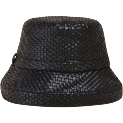Japanese Women Vintage Imitation Leather Bucket Hat Woven Plaid Solid Color Wide Brim Sunscreen Autumn Fisherman Cap