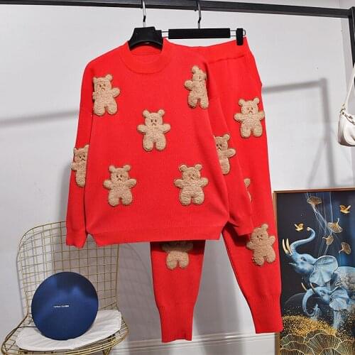 Red Black Knitted Tracksuits Women Outfits Cartoon Patch design Pullover Sweater Pencil Pants Set Loose Fashion Knit Suit Female
