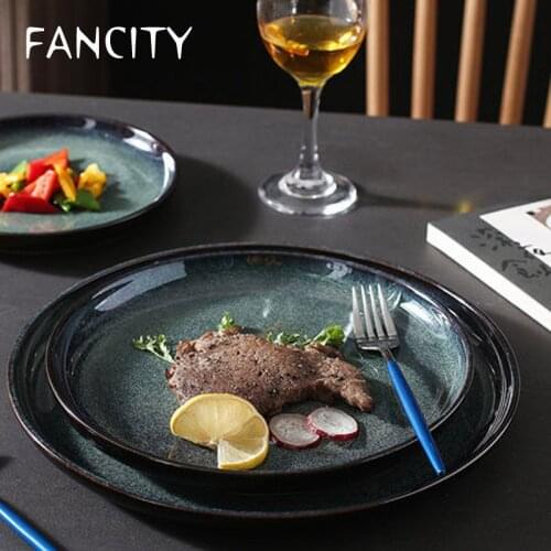 FANCITY Japanese-style ceramic dinner plate, retro personality kiln, foggy green, western dinner plate, large flat plate, round