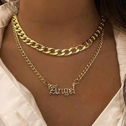 Vintage Bohemian Multi Layered Angel Letter Pendant Necklace For Women Gold Double Layer Chunky Chain Choker Necklaces Jewelry
