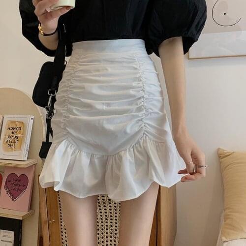 High Waist Hot Selling Lovely Girls Elegant Skirts Women Solid A-Line Summer Mini Hem Ruffles New Ulzzang Chic Ruched All-Match