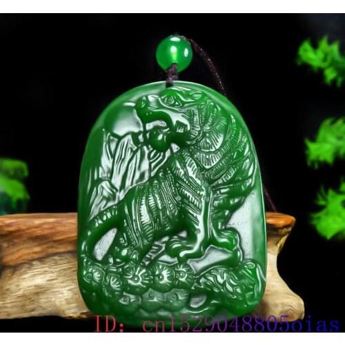 Green Jade tiger Pendant Natural Carved Jewelry Flower Jadeite Chinese Necklace Fashion Amulet Charm Gifts Men Women