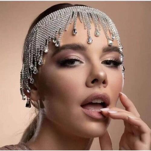 Luxury womens long tassel headdress fashion shiny crystal headband hair accessories jewelry prom party gift accessories