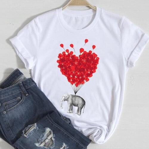 T-shirts Women Elephant Love Valentine Trend Style 2021 Spring Summer Clothes Graphic Tshirt Top Lady Print Female Tee T-Shirt