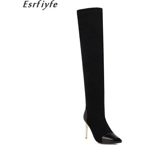 ESRFIYFE 2020 New Fashion Women Over The Knee Boots Pointed Toe Thin High Heels Slim Stretch Boots Solid Party Shoes Large Size