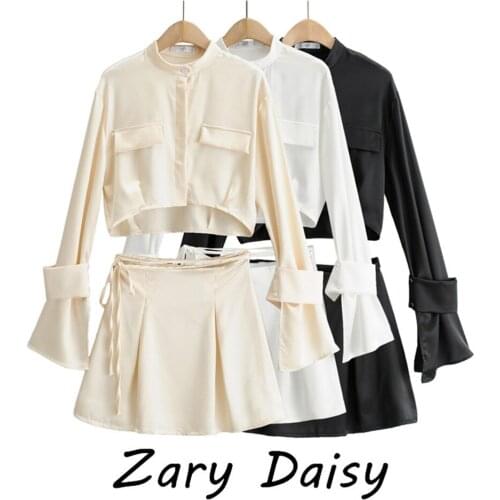 Zary Daisy temperament retro design single-breasted waist slim satin short shirt with umbrella skirt suit tide