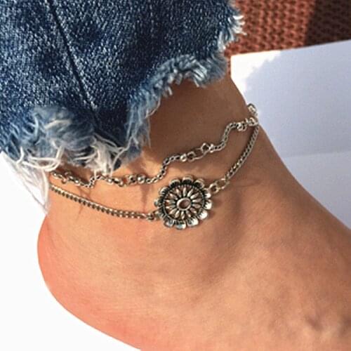 2Pcs/Set Sunflower Ankles Double Layer Beads Ankles Bracelet For Women Boho Sun Pendent Anklet Chain Fashion Foot Jewelry