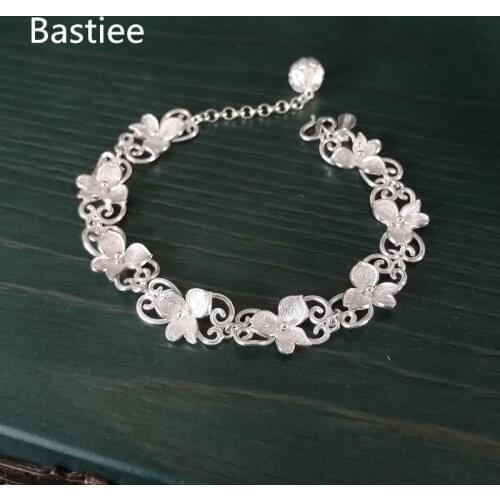 Bastiee 3 leaves Flower 999 Sterling Silver Bracelet For Women Vintage Ethnic Bracelets Miao Handmade Luxury Jewelry Girl Gifts