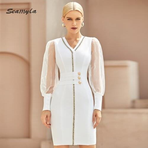 New 2021 Summer Lace Pencil Women Bodycon Bandage Dress Elegant Long Sleeve Fashion White Dress V-Neck Dresses Sexy Evening Club
