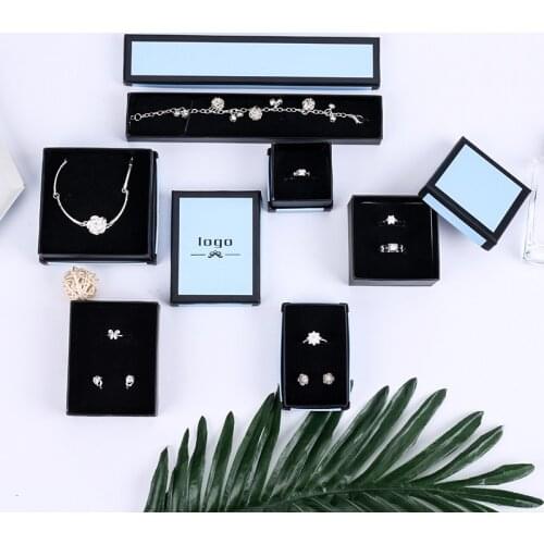 12Pcs Blue Box Black Frame Kraft Paper Jewelry Packaging Box Bag Black Foam Insert Ring Necklace Bracelets Earring Case Storage