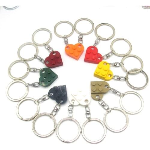 2Pcs Cute Love Heart Brick Keychain for Couples Friendship Women Men Girl Boy Lego Elements Key Ring Birthday Jewelry Gift