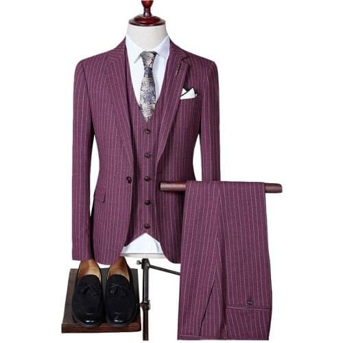 2018 Big Size S to 4XL High Quality Men Suit Fashion Vintage Striped Slim Fit Wedding Groom Suits (Jacket+Pants+Vest) Sales