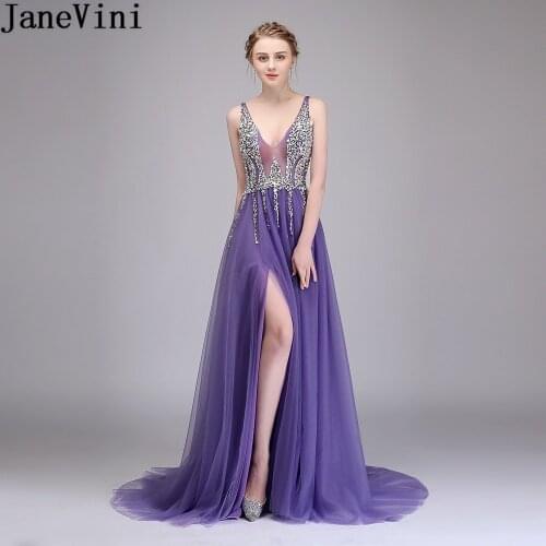 JaneVini Sparkly Crystal Long White Bridesmaid Dress Sexy Split Backless Prom Wedding Party Dresses V Neck Tulle Women Gown 2020