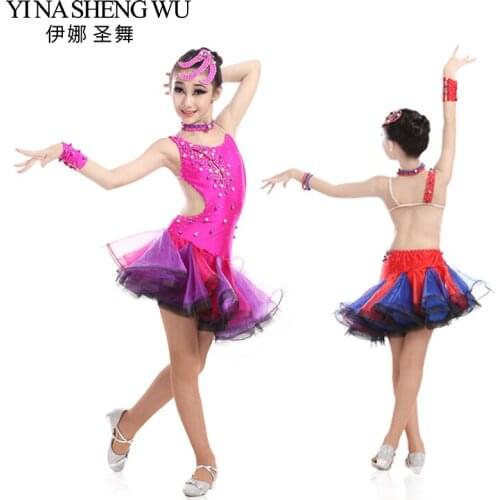 New Latin Dance Children Kid Popular Rhinestone Open Back Sexy Dress Girls Elegant Samba Tango Latin Stage Performance Dress