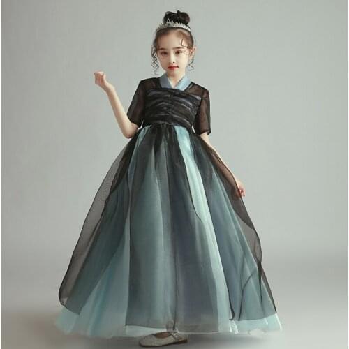 Flower Girl Dresses Illusion V-Neck Pleat Princess Floor-Length Tulle Lace Luxury Black Short Vintage Cute Kids Party Gown H366