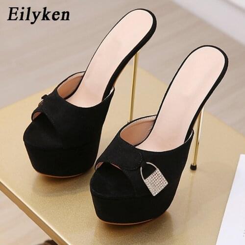 Eilyken Fashion Design Crystal Metal Decoratio Platform Slippers Women 2021 Summer Sexy Thin High Heels Nightclub Stripper Shoes
