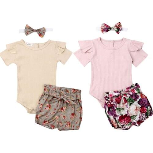Newborn Baby Girls Clothes Set Infant Baby Ruffles Rompers Tops + Flower Bloomers Shorts + Headband Outfits Summer Baby Costumes
