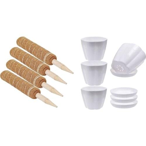 4Pcs Coir Moss Totem Pole Coir Moss Stick & 15 Pcs 4.3Inch White Plastic Flower Plant Pots Seedlings Nursery Pot