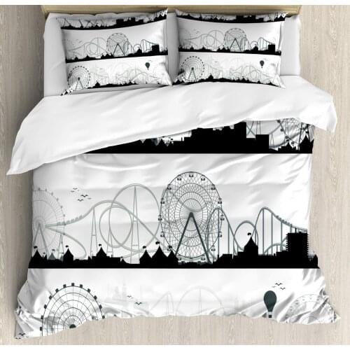 Ferris Wheel Duvet Cover Set Monochrome Modern Funfair Carnival 3 Piece Bedding Set Dark Night Blue Ivory and Pale Almond Green