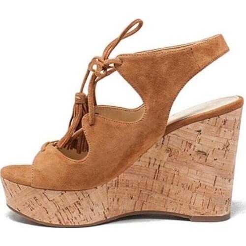 Wedged Cross-tied Open Toe Brown Woman Sandals Wooden Platform Hollow Out Slingback Party Dress Shoes Fringe Heeled Pumps