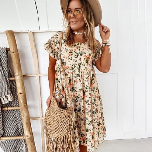 Summer Womens 2021 Casual Floral Print Dress Boho Short Sleeve Woman Fashion Female Loose Ruffles Mini Dresses For Robe Femme