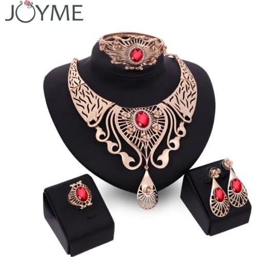 4 PCS Vintage Women Bridal Jewelry Sets Rhinestone Crystal Necklaces Earring Bracelet Ring Set Nigerian Dubai Wedding Jewelry