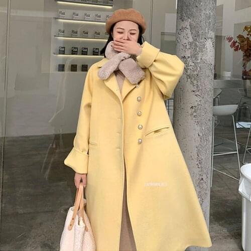 2021 New Autumn Elegant Wool Coat Fashion Womens Yellow Long Coats Korean Woolen Overcoat Warmness Oversize Outwear
