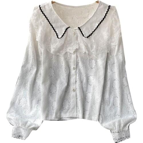 WIGADFHK 2021 New Style Elegant Blouse Ladies Shirt Lace Ruffled Shirt Puff Sleeve DollCollar Korean Loose Blouse Blusas