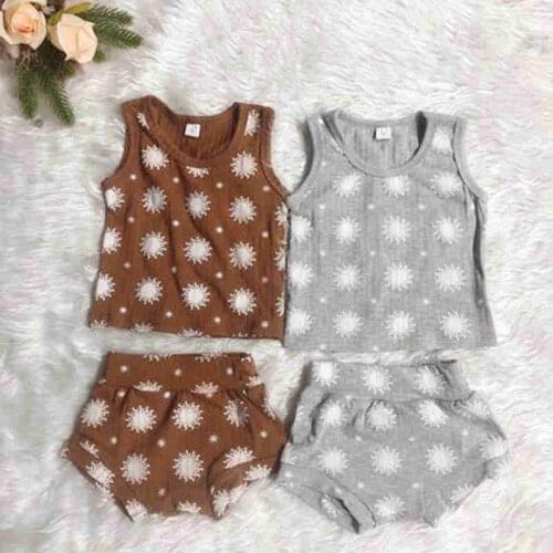 2021 Summer New Baby Girls Boys Casual Clothes Set Ribbed Knit Printed Pattern Round Collar Sleeveless Tops and Shorts Outfits