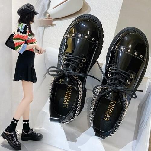 Single shoes new fashion all-match retro casual lace-up chain thick-soled thick heel non-slip small leather shoes X917