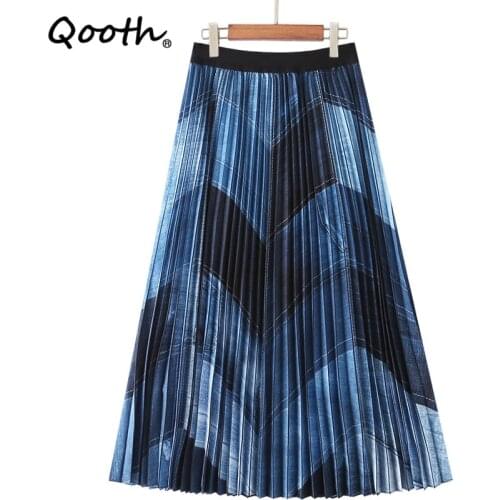 Qooth Pleated Striped Chiffon Skirt Women’s High Waist Mid-length A-line Skirt Elastic Waist Large Swing Lining Blue Skirt QT726