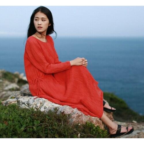 Casual Solid Spring Dress 2020 Women Elegant Loose Full Sleeve Dress Cotton Linen Boho Long red Dress Vestidos Plus Size S-6XL