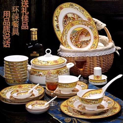 Christmas Chinese bowl dishes set Jingdezhen Bone China dish glaze medium color 56 pieces ceramic tableware moving gifts