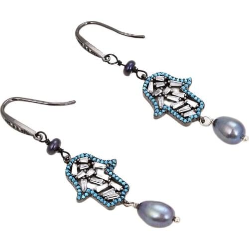 JK Black Rice Pearl Clear Crystal Blue CZ Hook Earrings