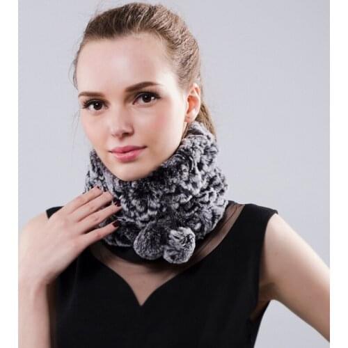Womens Winter Scarves Fur Real Rex Rabbit Gray/Brown Color Beanies Casual Genuine Rabbit Fur Pompom Knitting Female Warm Scarf