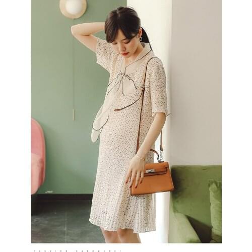 High Quality Chiffon Dot Maternity Dresses With Bow V-Neck A-Line Loose Maternity Clothes for Pregnant Women Summer New Dresses