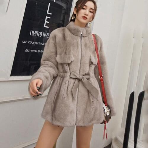 LVCHI 2019 Winter Mink Fur Coat Real Fur Coats Women Thicken Full Pelt Striped Mandarin Collar Full Sleeve Medium Mink Fur Coats