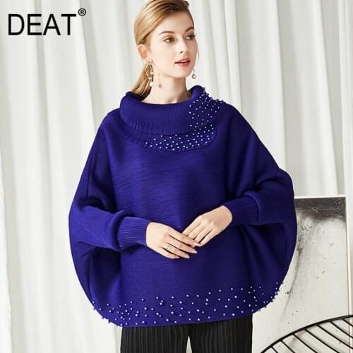 DEAT Pleated Woman T Shirts Pearls Lapel Collar Batwing Long Sleeve Over Size Wild Causal Style 2021 New Summer Fashion HT313