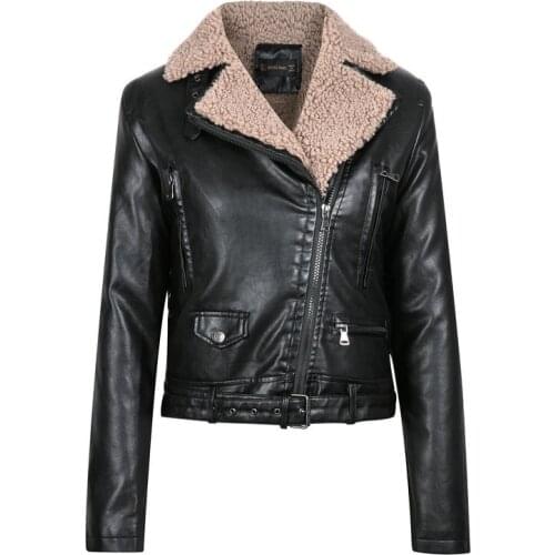 Women Winter Thick Warm Faux Leather Jackets Lady Coffee Fur Flocking Zipper Motorcycle Black Streetwear Coats 2021 New Fashion