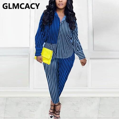 Women Two Piece Striped Suits Long Sleeve Button Up Shirt & Slim Pants Set