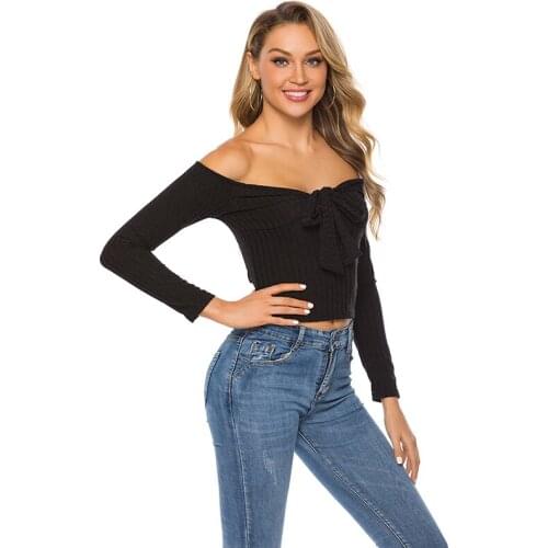 Women Shirts Off-the-shoulder Knot long-sleeved Shirts Summer Solid Color Shirts Slim Fit Sexy Tops Blusas Mujer De Moda 2021