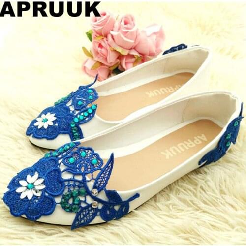 Blue lace rhinestones plus sizes flat wedding shoes women custom handmade different heel bridal shoes lady proms dress shoes