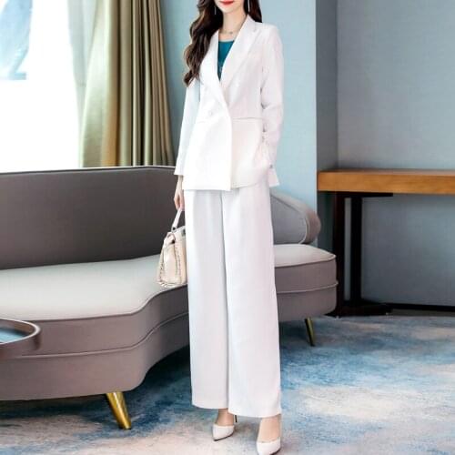 Korean White Spring Autumn Two Piece Set Women Double Breasted Blazer Coat + High Elastic Waist Wide Leg Pants Suit Sets