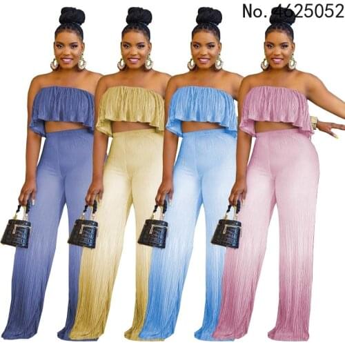 2021 New Summer Trouser Suits Sexy 2 Two Piece Sets Women Outfits Fashion Pleat Crop Top + Wide Leg Pants Sets Woman Tracksuits