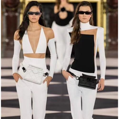 Newest Chic Ladies Sexy Long Sleeve Patchwork Women Bandage Bodysuit 2020 Celebrity Designer Fashion High Street Bodysuit