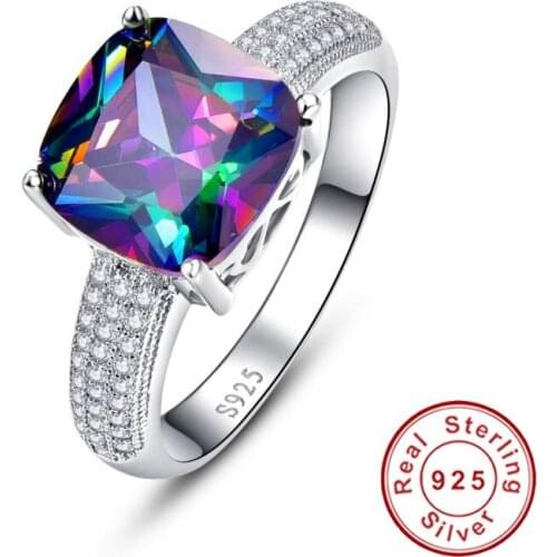 New Gem Stone 7.3ct Genuine Rainbow Fire Mystic Topaz Ring Pure Solid 925 Sterling Silver Wedding Band Rings for Women